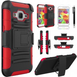 Samsung Galaxy Core Prime, Galaxy Prevail LTE Case, Dual Layers [Combo Holster] Case And Built-In Kickstand Bundled with [Premium Screen Protector] Hybird Shockproof And Circlemalls Stylus Pen (Red)